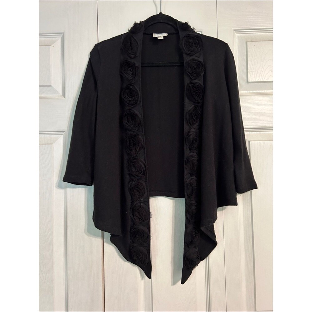 ECI Black Open-Front Shrug Cardigan Rosette Trim Medium Black Waterfall Office